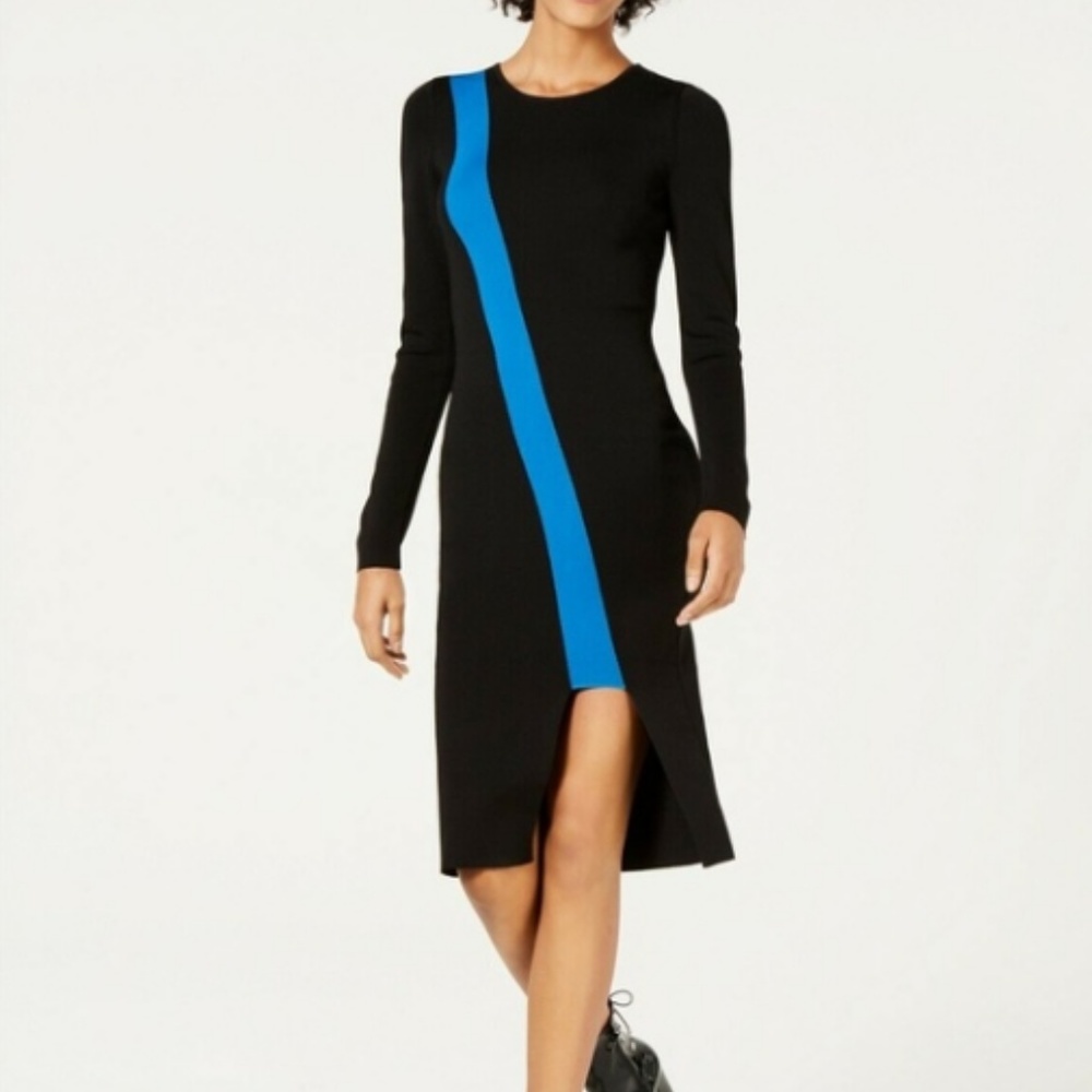 Black Sweater Dress Slit Fitted Long Sleeve Crew - Picture 2 of 8